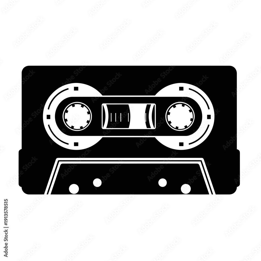 Obraz premium Retro audio cassette tape, vintage music storage, isolated on black background, vector illustration