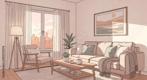 Cozy Living Room Sketch with Sofa and Armchair.