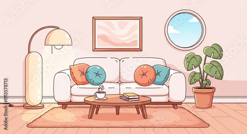 Cozy living room with a white sofa and coffee table.