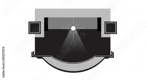 Theater stage with spotlight shining down from above onto empty dark performance area with speakers on sides