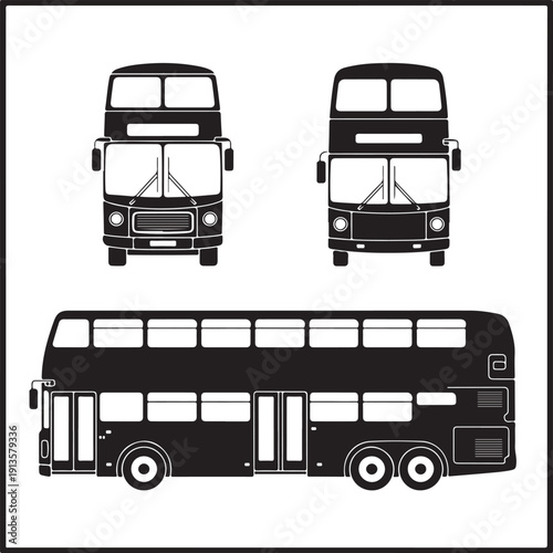 Double decker bus front and side views illustrations