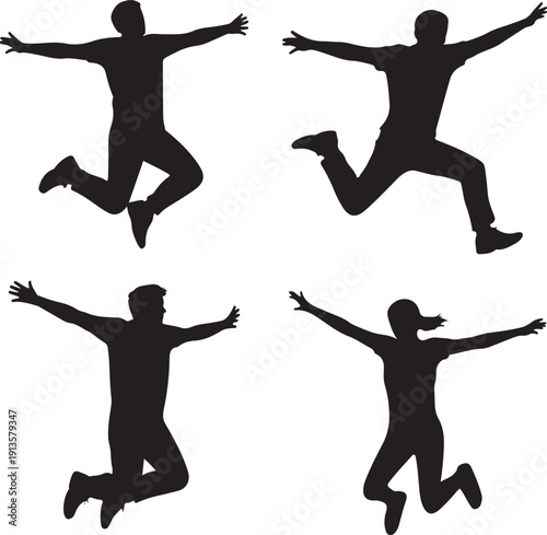 Four people jumping in air with arms outstretched isolated on white background