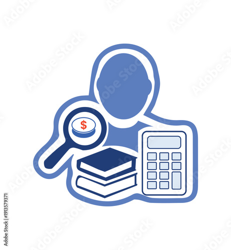 Financial Research and Accounting Analysis Icon with Calculator, Books and Magnifying Glass