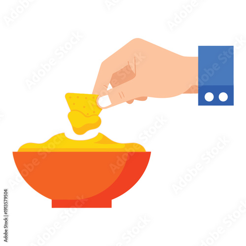 Hand dipping a cracker into a bowl of cheese dip snack icon