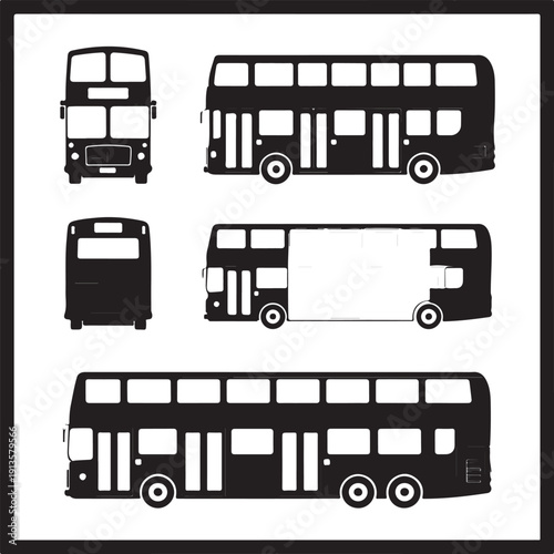 Double decker bus silhouettes in various views and angles