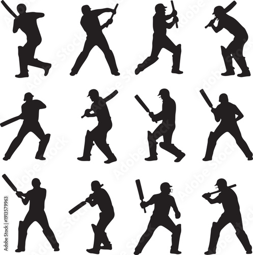 set of black silhouettes of baseball players in various poses with bats