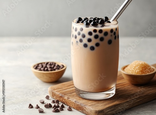Creamy beverage with tapioca pearls, cocoa nibs & sugar