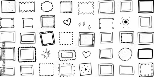 Collection of hand drawn frames and decorative borders in black and white