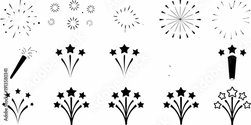 Black and white illustration depicting various firework and starburst designs