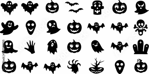 A collection of black silhouettes depicting various halloween themed icons
