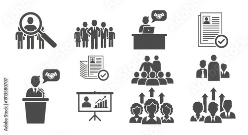 Collection of business and human resources icons representing teamwork and success.
