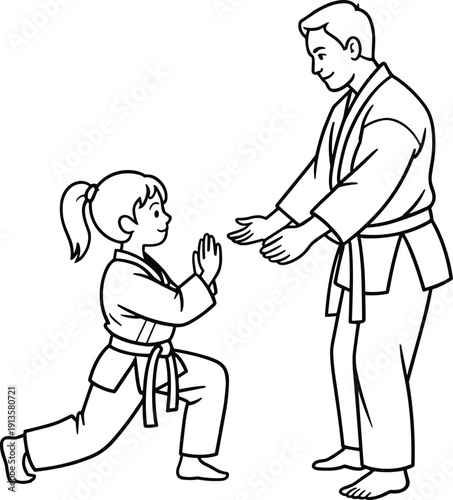 A young girl in a martial arts uniform bowing to an instructor in a martial arts setting respect