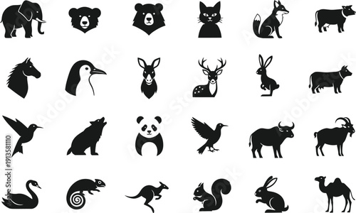 A comprehensive collection of black silhouette icons representing diverse wild and domestic animals fills the entire frame.