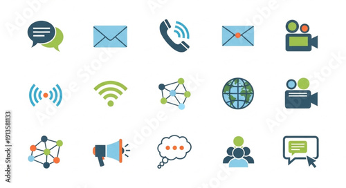 Collection of communication and technology icons on white background.