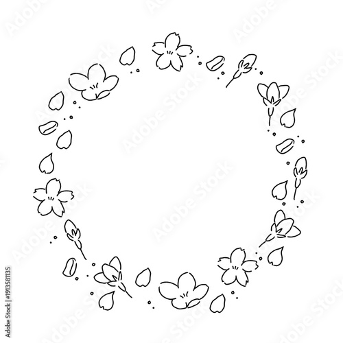 手描きの線画の桜の円形フレーム