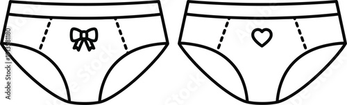 Pair of simple line art women's panties showing front views with bow and heart icons for clothing mockup.