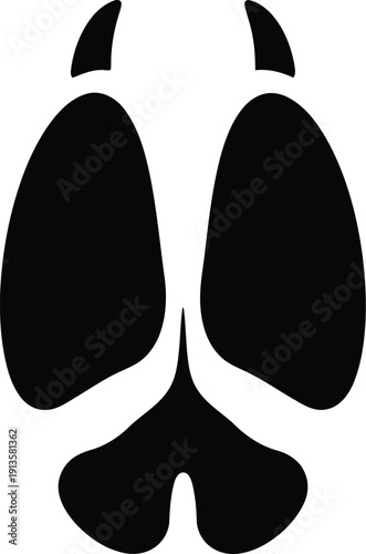 Black silhouette of a single hoof print is isolated on a white background for tracking wildlife movements.