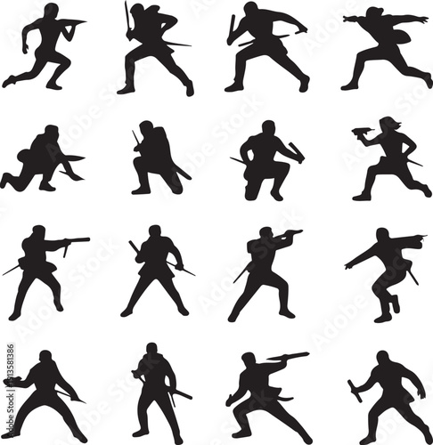 set of silhouettes of people with swords and guns in various fighting poses