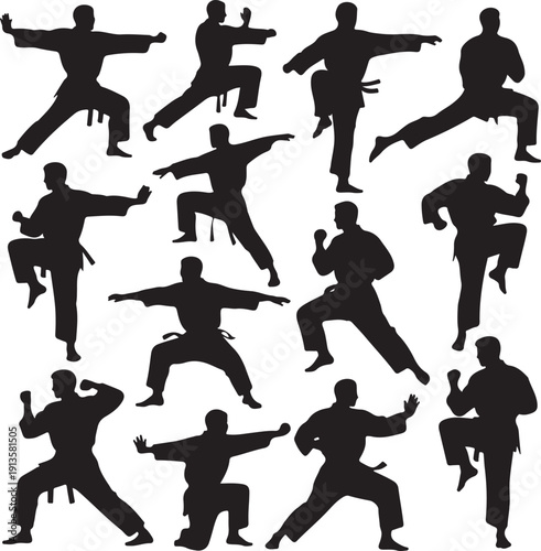 Silhouette collection of men performing various martial arts poses and movements