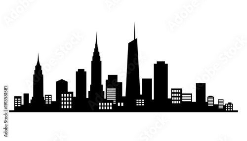 High-contrast black silhouette of a city skyline. This minimalist graphic illustration features a variety of skyscrapers, towers, and urban buildings with sharp, clean edges
