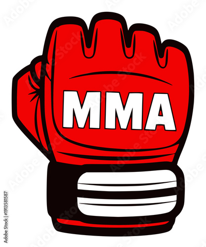 Bold red MMA glove graphic with "MMA" in block letters. High-impact, stylized design with thick black outlines, symbolizing combat sports and professional martial arts training.