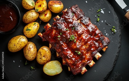 Delicious glazed ribs with roasted potatoes served on slate