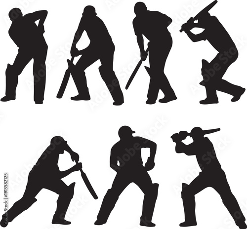 Silhouette of people playing baseball with bats in various poses and movements