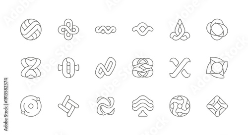 Abstract geometric line art icons set, modern minimalist intertwined shape symbols collection