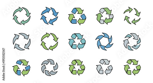 Collection of recycle symbols, eco-friendly icons for sustainability and environmental protection