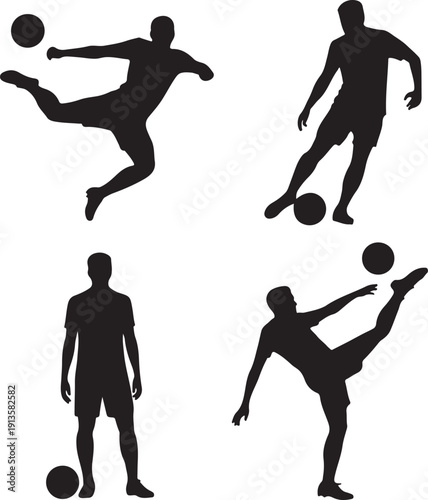 Silhouettes of men playing soccer in various poses kicking ball