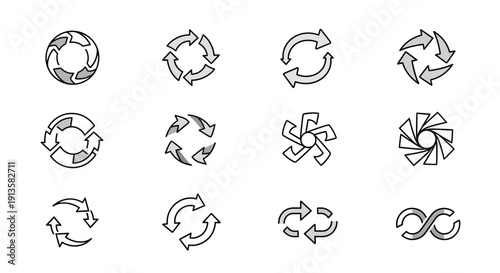 Cycle arrow refresh reload rotation icon set, circular process symbols