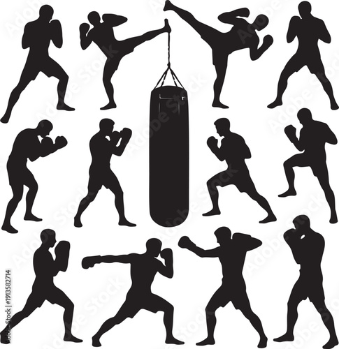 Silhouettes of boxers and a punching bag in various fighting poses