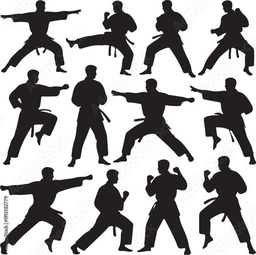 Silhouettes of men practicing various martial arts poses and movements