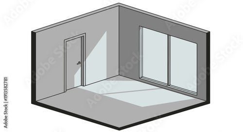 Empty room interior with door and large window showing sunlight.