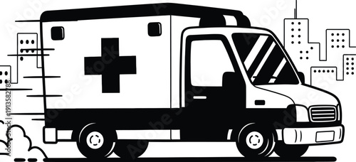 Black and white illustration of an ambulance in a city setting