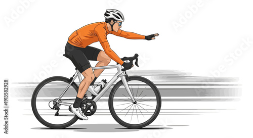 Cyclist in orange jersey riding a road bike with motion blur.