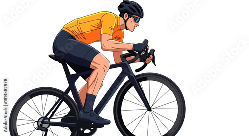 Cyclist riding a modern black road bicycle wearing a yellow jersey and helmet.