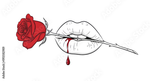 Sensual Lips Biting Red Rose Stem, Blood Drop