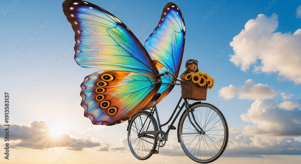 Fototapeta premium Whimsical butterfly rides a bicycle with flowers in a basket under a bright sky