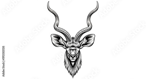 Detailed illustration of a Greater Kudu antelope head with large spiraling horns.