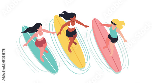 Three women surfing on colorful boards with dynamic motion lines against a clean white background.