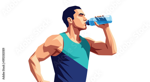 Illustration of a muscular man drinking from a water bottle in a dynamic pose with bold lines and vibrant colors on a clean white background.