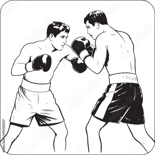 Two shirtless boxers wearing gloves fighting
