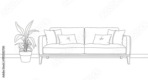 Elegant Sofa with Potted Plant Sketch.