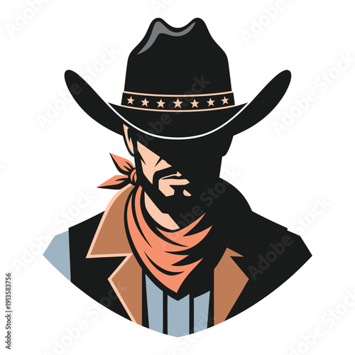 Illustration of a cowboy wearing a hat and bandana around his neck icon