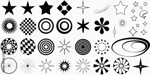 Collection of various black and white geometric starburst and circular designs