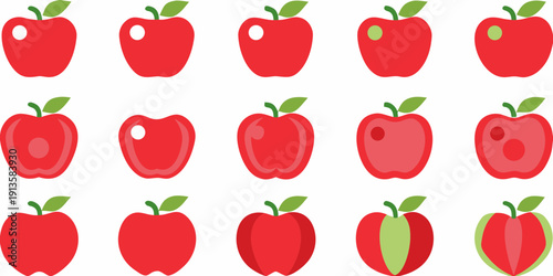 A collection of vibrant red and green apples in various styles