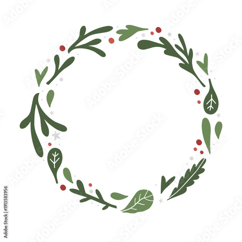 Green greens wreath with rucola, salad and berries. Perfect for cafe, restaurant cards, and branding design.