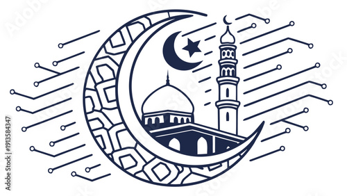 Islamic crescent moon symbol with mosque and minaret illustration representing faith and spirituality in a monochrome design concept