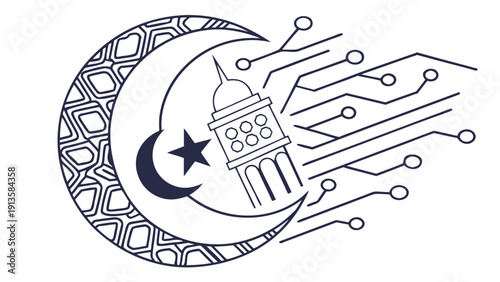 Crescent moon with star and mosque illustration merged with microchip circuit board elements representing islamic technology fusion in modern digital design